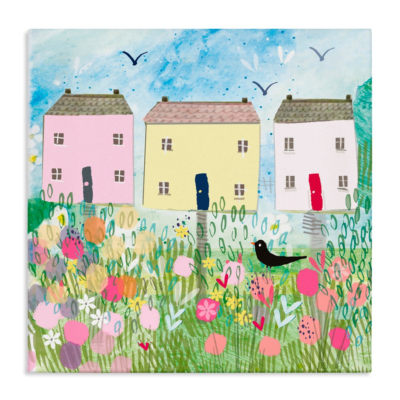Stupell Industries Row Of Cottages with Crow Canvas, design by Clare Tupper